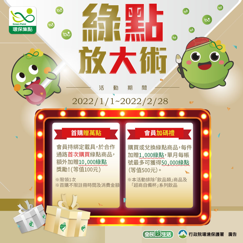 開啟「綠色生活，環保選購」的習慣，只要是首次參與購買綠點商品集點活動之會員，除既有的綠色消費贈點外， 額外加贈 10,000綠點…
