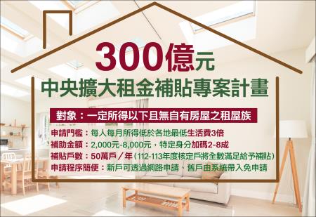300億元中央擴大租金補貼專案計畫 　共1張