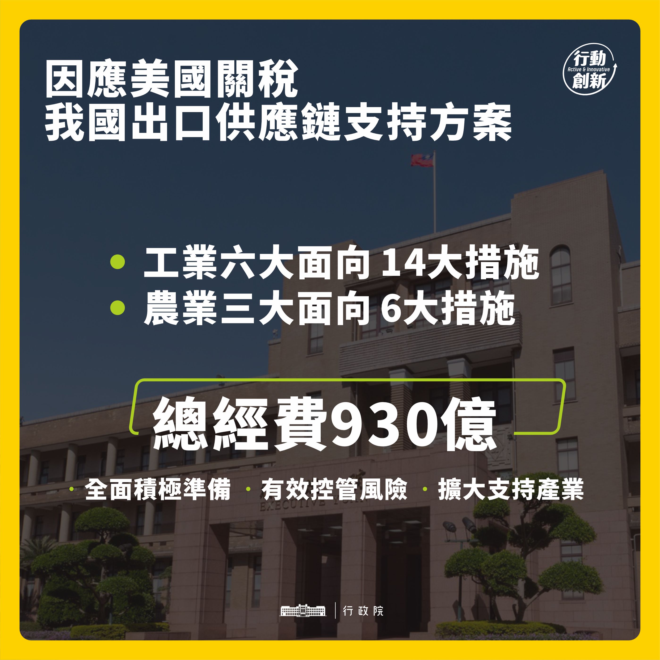 工業六大面向14大措施,農業三大面向6大措施,總經費930億