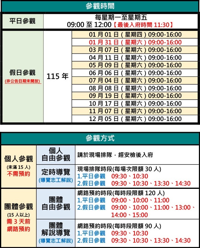參觀時間說明